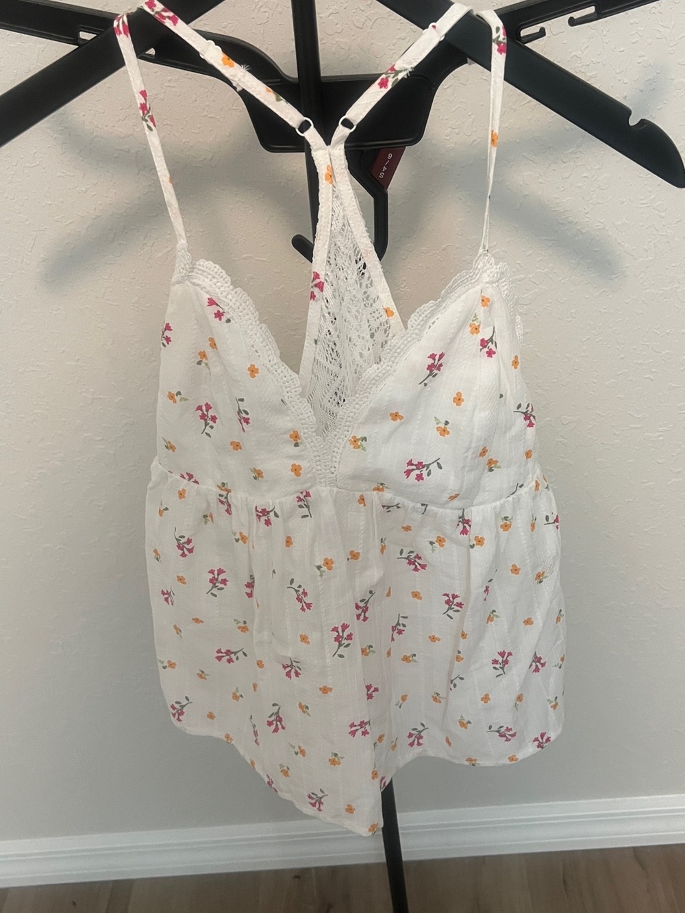 No Boundaries White Floral Lace-Trim Cami with Pink and Orange Flowers